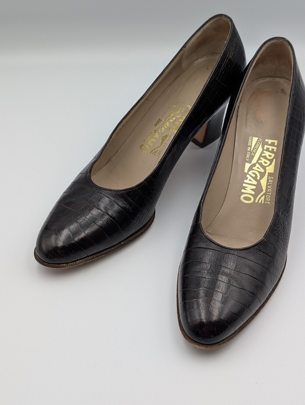 Vintage Salvatore Ferragamo Black Croc-Embossed Leather Block Heels Size 7